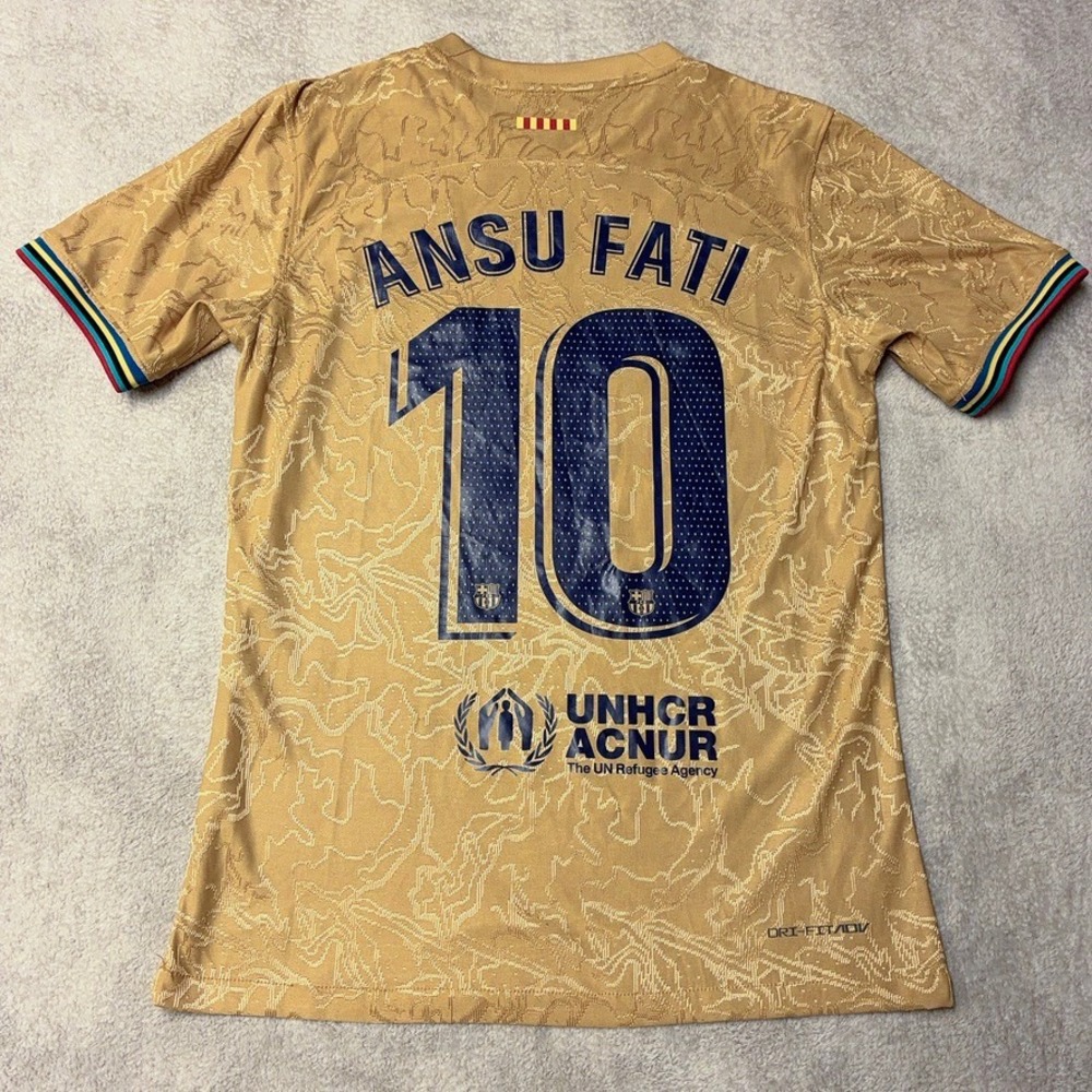 Nike 2022-23 FC Barcelona Ansu Fati #10 Away Jersey Gold Kit Spotify Men's M